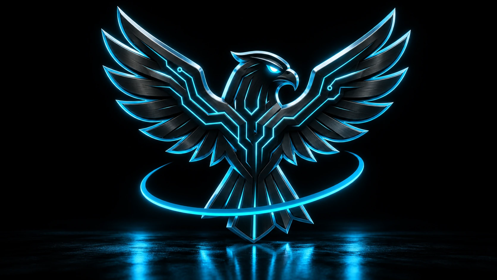 Sculptural interpretation of the Valkaerion phoenix, with cyan light tracing its outstretched wings
