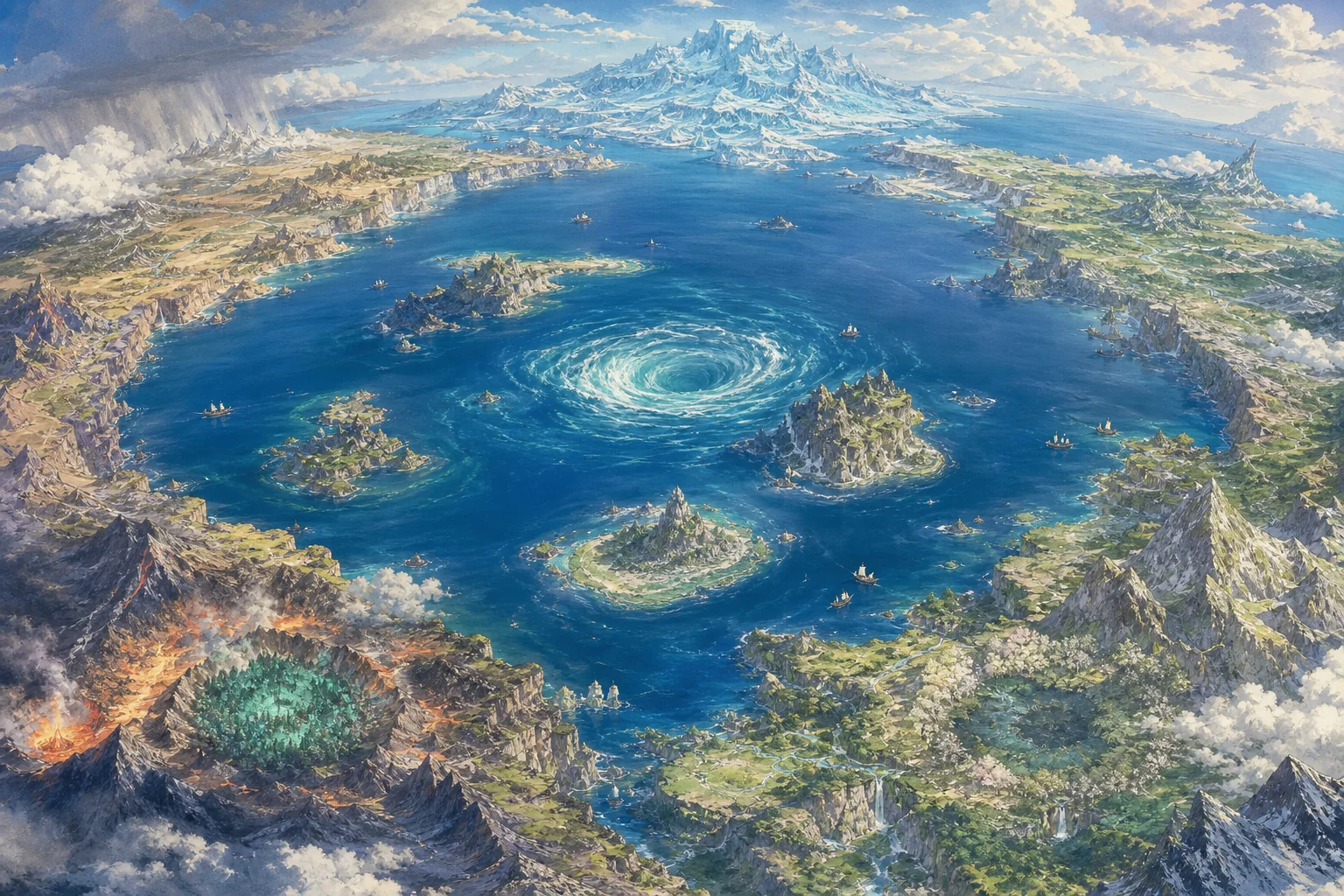 Concept atlas of Valkaeria, showing its seas and elemental landscapes
