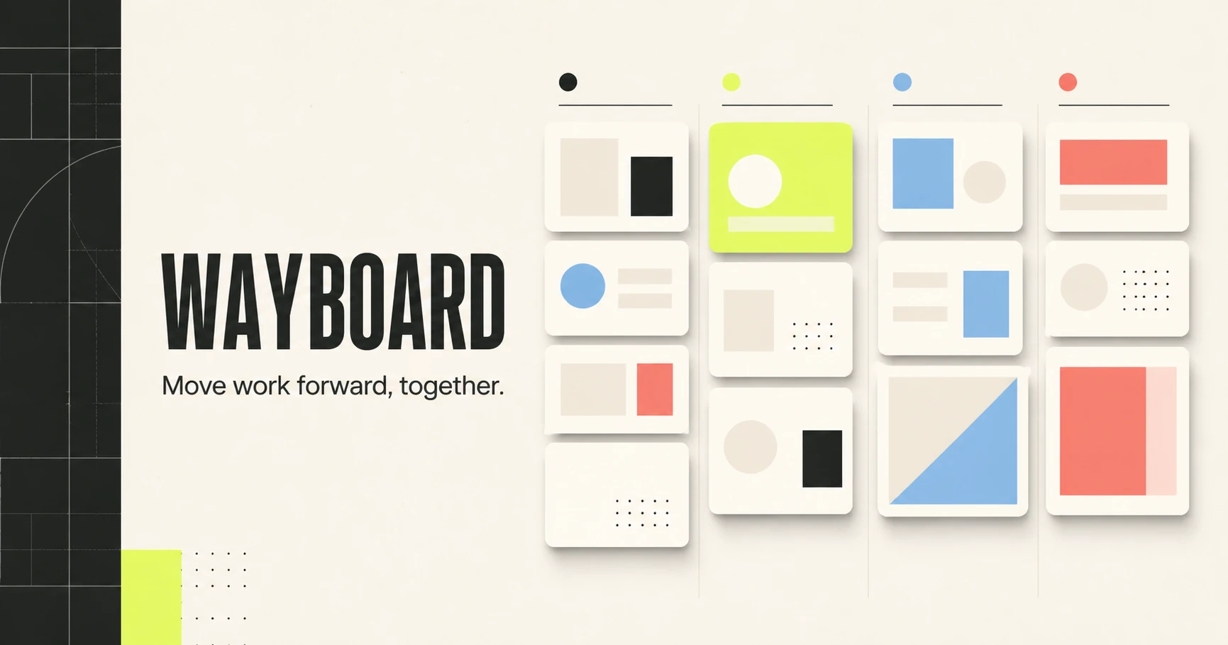 Wayboard brand artwork with an arrangement of project cards
